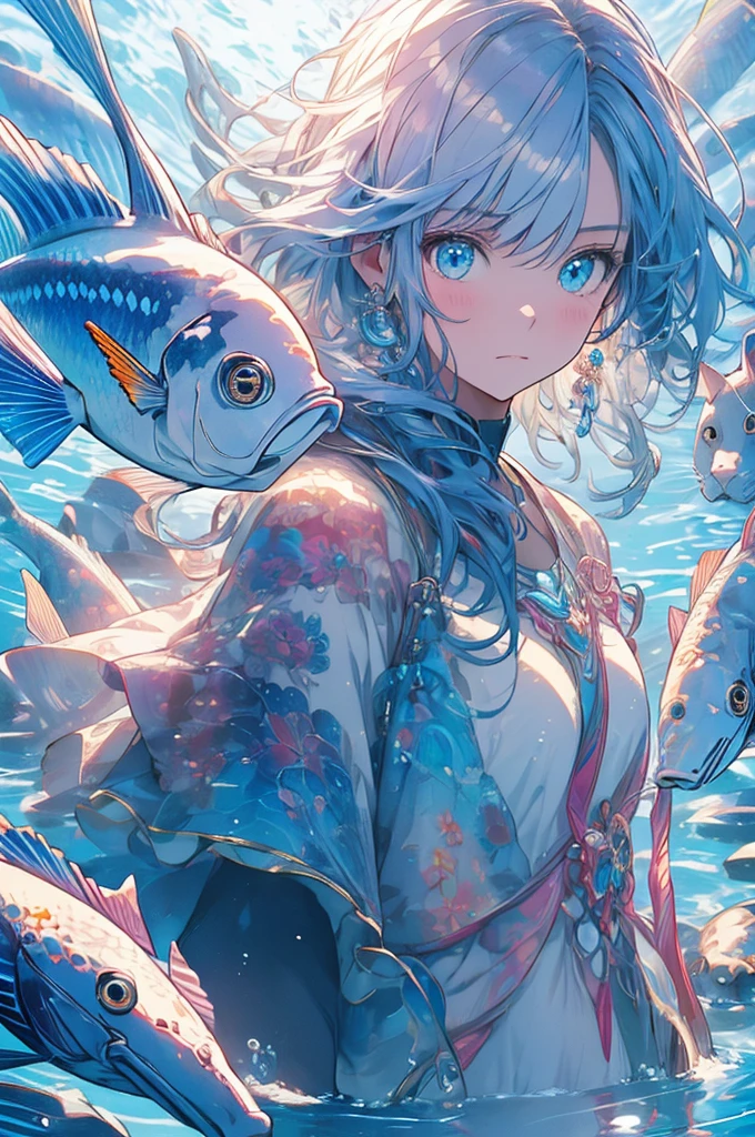 RAW Photos, Realistic, Ultra-realistic, underwater, girl, surprised expression, cat, colorful fish, face close-up, sunlight reflections, water surface, bubbles, serene, peaceful, anime style, vibrant colors, detailed, ethereal, sparkling light, soft shadows, tranquility, dreamy, art illustration, Highest quality, masterpiece, Ultra-high resolution, 8K