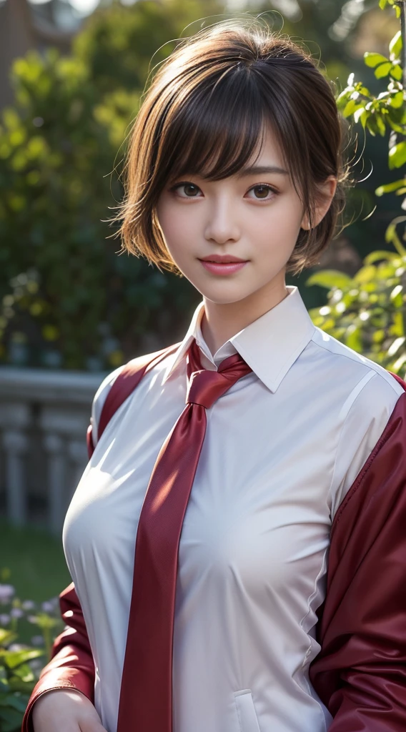 1 Girl, (White collared shirt and long red tie, Navy blue jacket:1.3), Very beautiful Japanese idol portraits, (RAW Photos, Highest quality), (Realistic, Photorealistic:1.4), (masterpiece), Very delicate and beautiful, Very detailed, 2k wallpaper, wonderful, finely, Very detailed CG Unity 8K 壁紙, Very detailedな, High resolution, Soft Light, Beautiful detailed girl, Very detailed目と顔, Beautiful and detailed nose, Finely beautiful eyes, Cinema Lighting, (in the garden:1.3), (short hair), (Parted bangs), Complete Anatomy, Slender body, Small breasts, smile