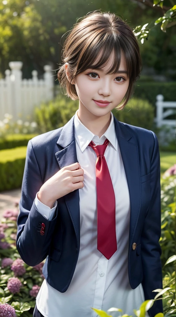 1 Girl, (White collared shirt and long red tie, Navy blue jacket:1.3), Very beautiful Japanese idol portraits, (RAW Photos, Highest quality), (Realistic, Photorealistic:1.4), (masterpiece), Very delicate and beautiful, Very detailed, 2k wallpaper, wonderful, finely, Very detailed CG Unity 8K 壁紙, Very detailedな, High resolution, Soft Light, Beautiful detailed girl, Very detailed目と顔, Beautiful and detailed nose, Finely beautiful eyes, Cinema Lighting, (in the garden:1.3), (short hair), (Parted bangs), Complete Anatomy, Slender body, Small breasts, smile