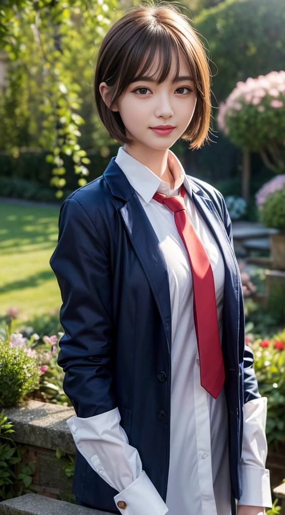 1 Girl, (White collared shirt and long red tie, Navy blue jacket:1.3), Very beautiful Japanese idol portraits, (RAW Photos, Highest quality), (Realistic, Photorealistic:1.4), (masterpiece), Very delicate and beautiful, Very detailed, 2k wallpaper, wonderful, finely, Very detailed CG Unity 8K 壁紙, Very detailedな, High resolution, Soft Light, Beautiful detailed girl, Very detailed目と顔, Beautiful and detailed nose, Finely beautiful eyes, Cinema Lighting, (in the garden:1.3), (short hair), (Parted bangs), Complete Anatomy, Slender body, Small breasts, smile