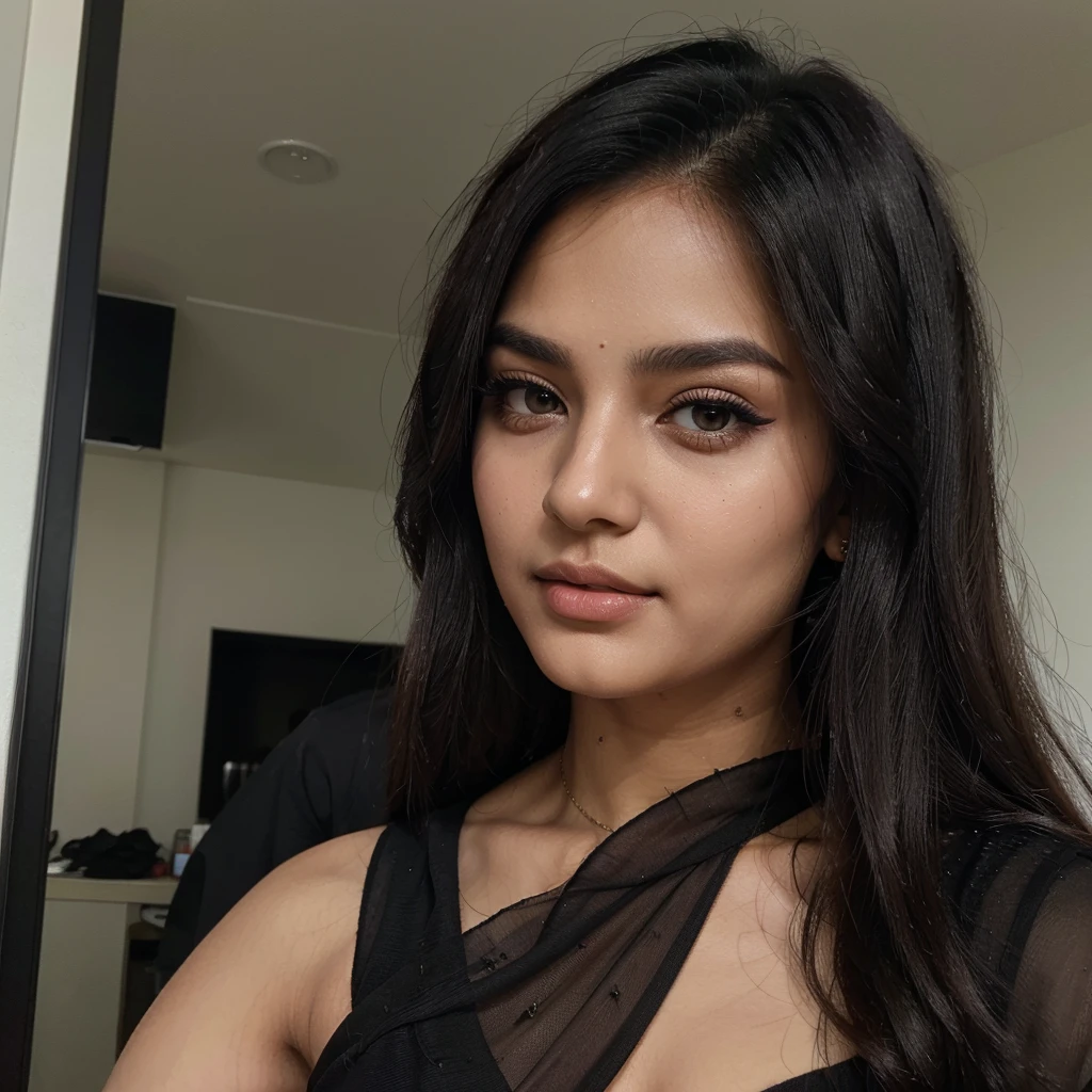 ((best quality)), ((masterpiece)), (detailed), perfect face of a 21-year-old cute girl with flowing sleek black hair, wearing a black saree with heavy makeup, looking beautiful