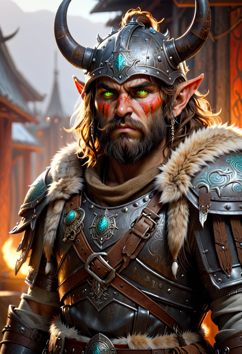 man in viking armor with fur around the neck and waist, wearing devil helmet, dusty detail ornaments, battle weary, man warrior, armor, epic, face scar, dnd character portrait, intricate, 8k resolution, dynamic lighting, hyperdetailed, unreal 5, volumetric lighting, alphonse mucha, pre-raphaelite, detailed background, mandala, detailed face, detailed eyes, neon eyes  