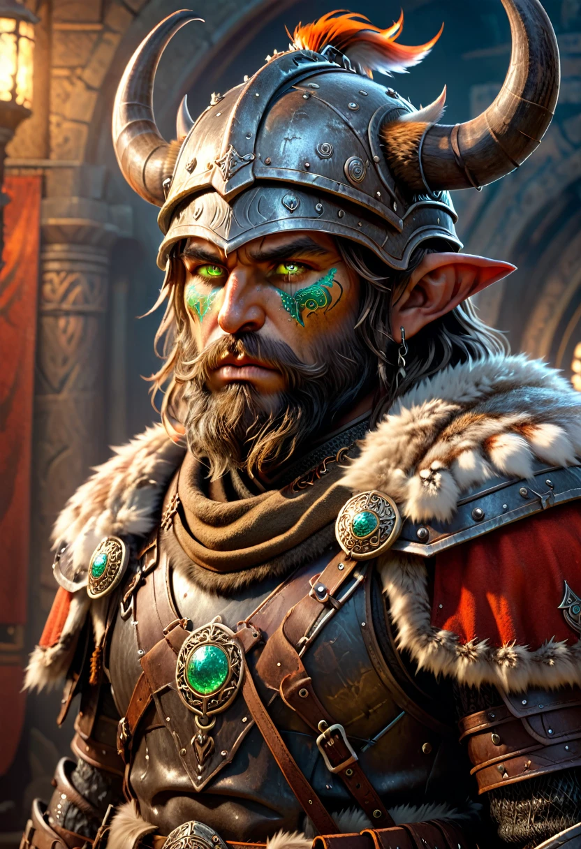 man in viking armor with fur around the neck and waist, wearing devil helmet, dusty detail ornaments, battle weary, man warrior, armor, epic, face scar, dnd character portrait, intricate, 8k resolution, dynamic lighting, hyperdetailed, unreal 5, volumetric lighting, alphonse mucha, pre-raphaelite, detailed background, mandala, detailed face, detailed eyes, neon eyes  