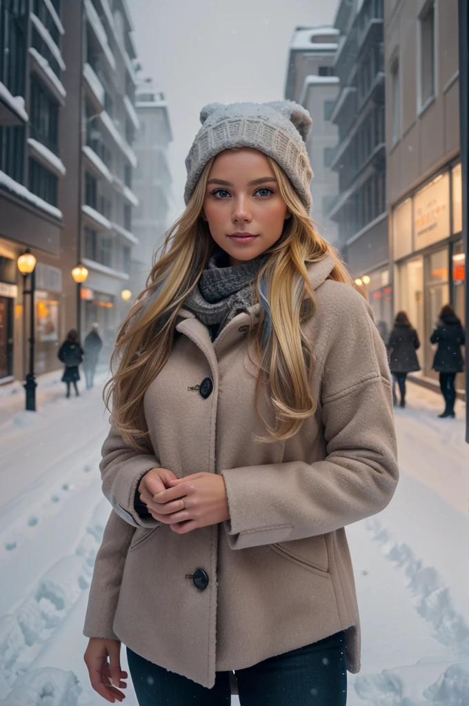 professional portrait photograph of a gorgeous Norwegian girl in winter clothing with long wavy blonde hair, sultry flirty look, gorgeous symmetrical face, cute natural makeup, wearing elegant warm winter fashion clothing, ((standing outside in snowy city street)), stunning modern urban environment, ultra realistic, concept art, elegant, highly detailed, intricate, sharp focus, depth of field, f/1. 8, 85mm, medium shot, mid shot, (((professionally color graded))), bright soft diffused light, (volumetric fog), trending on instagram, hdr 4k, 8k