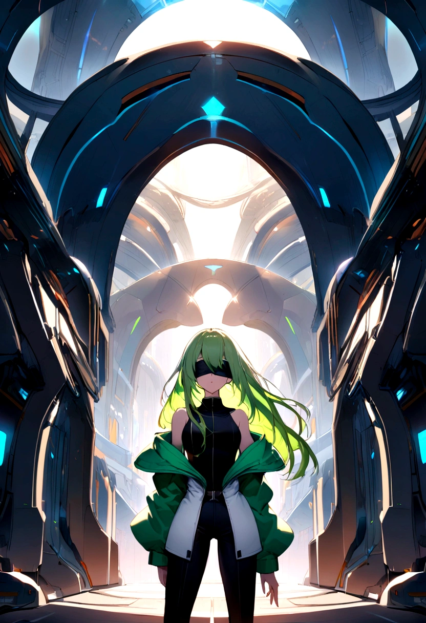 young girl, shoulder length hair, green locks, off shoulder jacket, futuristic arch, blindfolded, military trousers 