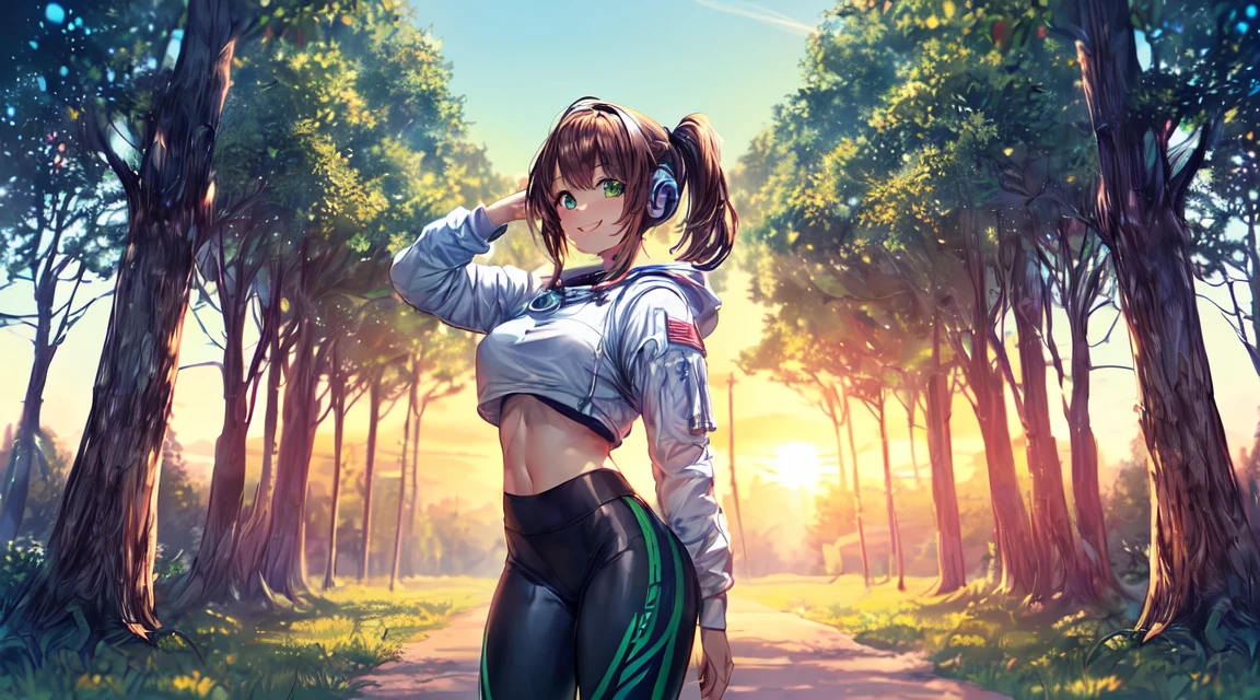 ​masterpiece, 1girl ((20year old, space suit, black tight jogging leggings, astronaut girl, sneakers, medium breasts, multicolor brown hair, twin ponytails, perfect model body, green eyes:1.5, flirting, happy, big smile, wearing headphones, standing in a park, trees and sunset in the background, relaxing atmosphere:1.2)) ((solo:1.6)) ((LoFi))
