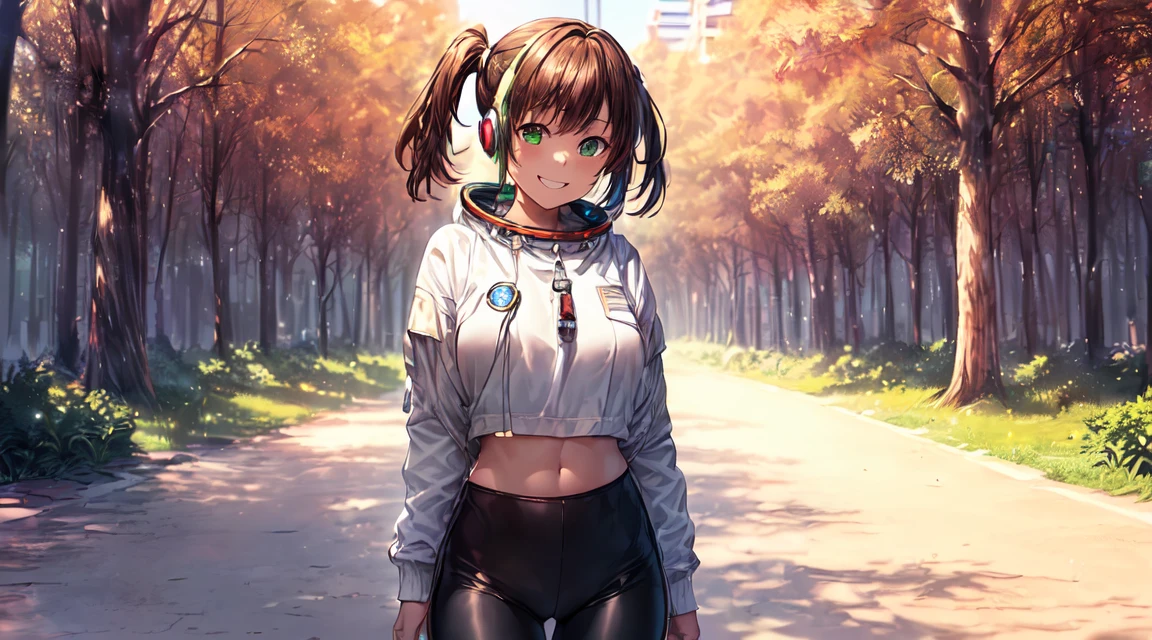 ​masterpiece, 1girl ((20year old, space suit, black tight jogging leggings, astronaut girl, sneakers, medium breasts, multicolor brown hair, twin ponytails, perfect model body, green eyes:1.5, flirting, happy, big smile, wearing headphones, standing in a park, trees and sunset in the background, relaxing atmosphere:1.2)) ((solo:1.6)) ((LoFi))
