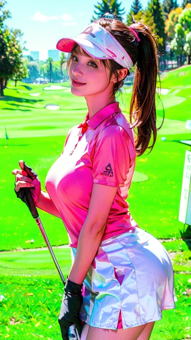 Very detailed CG Unity 8k 壁紙, Highest quality, Very detailed, Tabletop, Realistic, Like the picture, Very detailed美しい女性, tifa lockhart,25-year-old woman,Slim body,(Light pink tight golf wear) , (White Golf Miniskirt) , (Wearing golf gloves)、Wear a sun visor, Light brown hair、Ponytail Hair、 ((bangs)),Round eyes, Big eyes、((The shape of the nipple is visible from the top of the clothes))、Realistic female hands, blush, smile, Part your lips, Full body shot, ((Golf wear that fits your body))、Golf course、Stand upright、