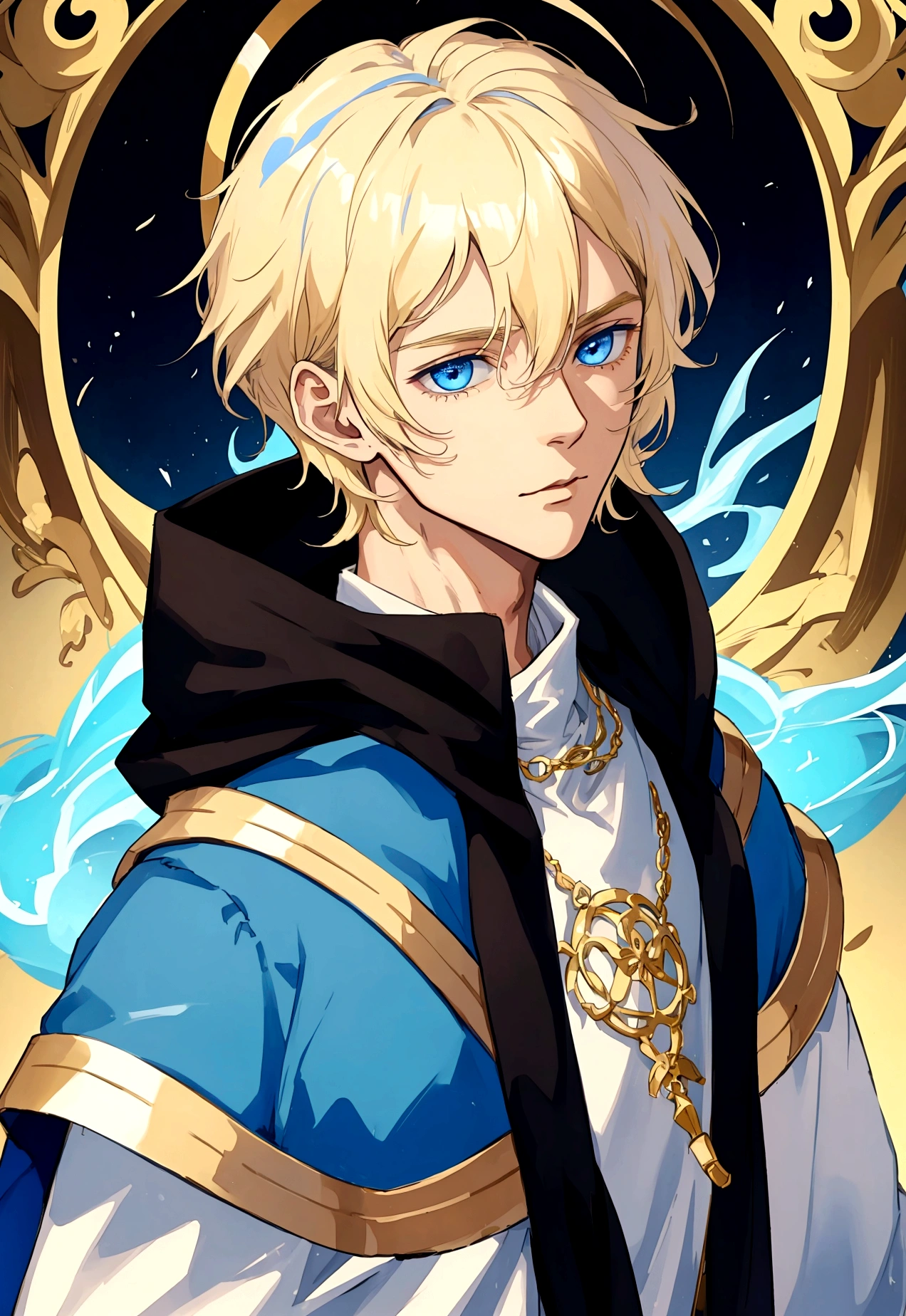 Sorcerer Divine Soul man, he has a light hair and blue eyes, he wear a hood.