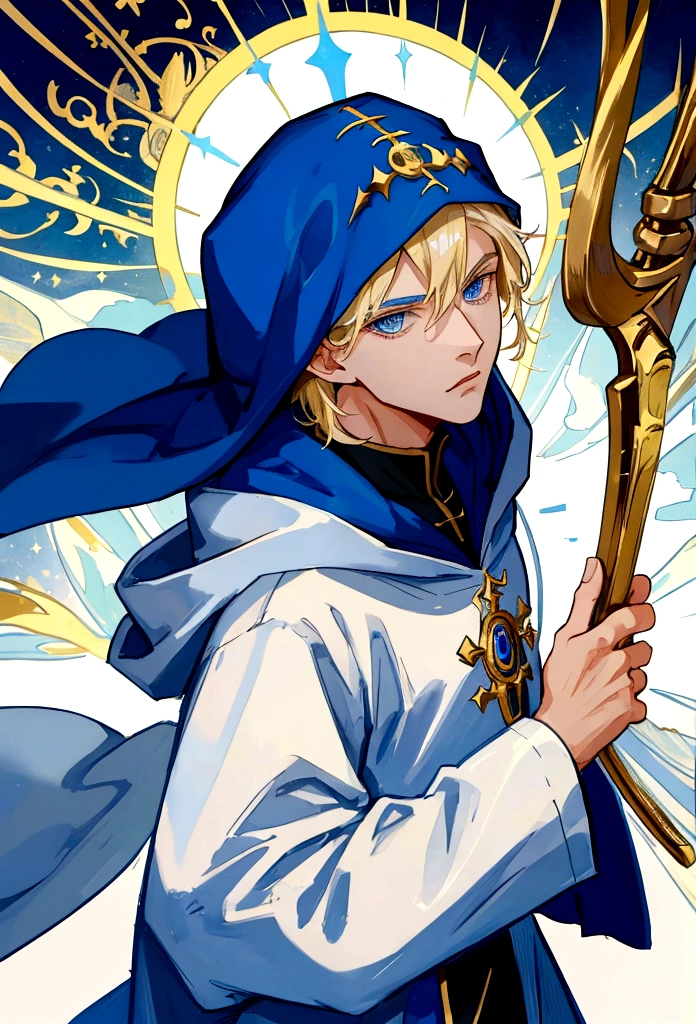Sorcerer Divine Soul man, he has a light hair and blue eyes, he wear a hood.