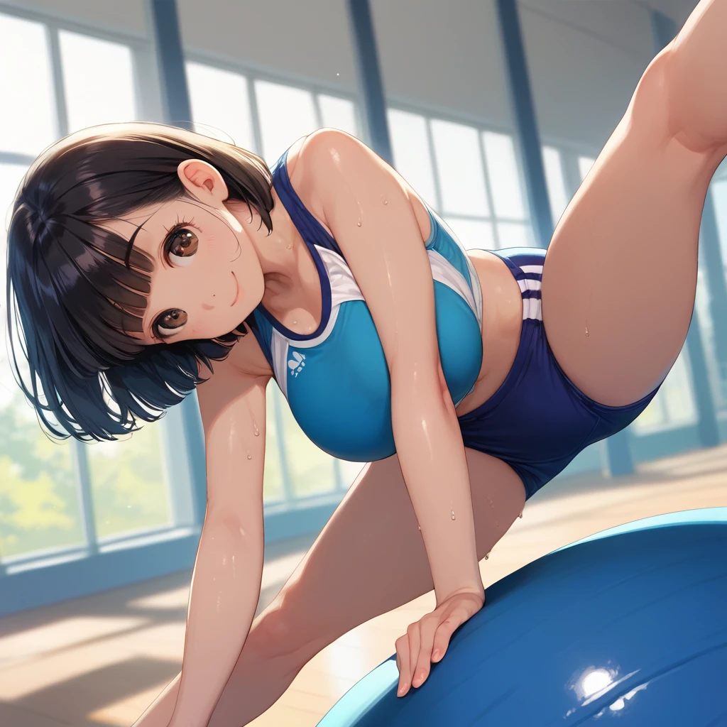 score_9,score_8_up,score_7_up,masterpiece,best quality, source anime, realistic, super detailed, extreme detailed, rating_safe,
1girl, sitting on exercise ball, 
BREAK girl, 22yo, short hair, bob cut, (blunt bangs), black hair, (tareme, detailed cute brown eyes), curled eyelashes, (large breasts:0.9),
shiny hair, beautiful detailed eyes, beautiful face,
gymnastics wear, buruma, sweat, smile, school gym