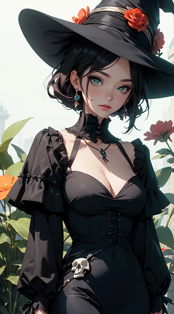 Woman in elegant Victorian dress, flowers on her head, orange flowers in the background, skull face, skull necklace, round black eye makeup, large flowers drawn on her forehead, green skin, witch, witch’s hat,