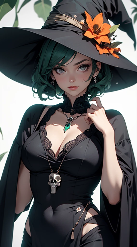 Woman in elegant Victorian dress, flowers on her head, orange flowers in the background, skull face, skull necklace, round black eye makeup, large flowers drawn on her forehead, green skin, witch, witch’s hat,