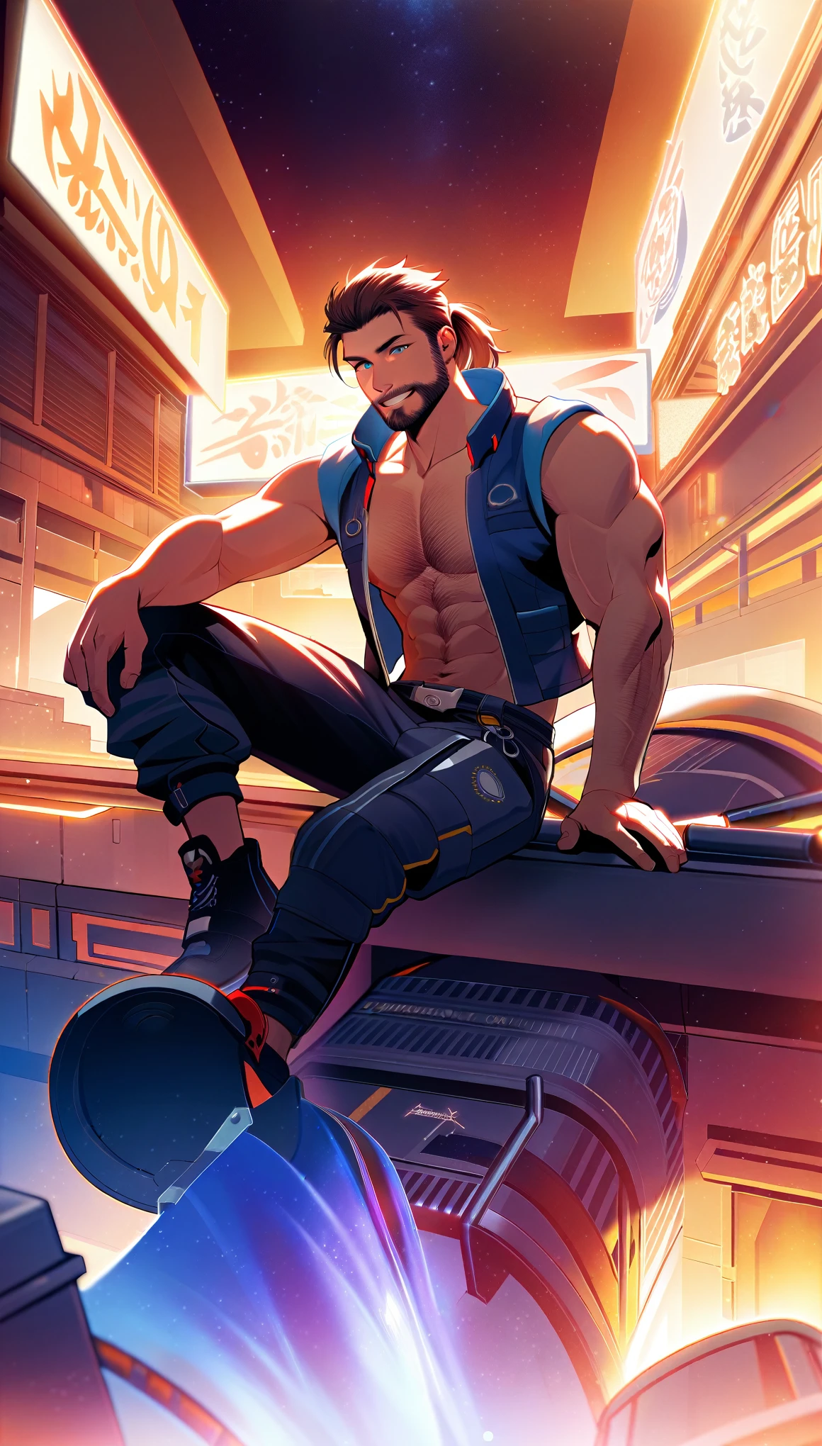 30 years old, male, ponytail, full beard, dark brown hair, sitting on top of a building, smile on face, open vest, blue clothes, bare hairy chest, neoprene pants, neon details, worked body, cyberpunk city background, starry sky, night, (Best Quality, 4k, 8k, high resolution, Masterpiece: 1.2), ultra detailed, Male portrait, very detailed face, detailed facial features, muscular build, spectacular lighting