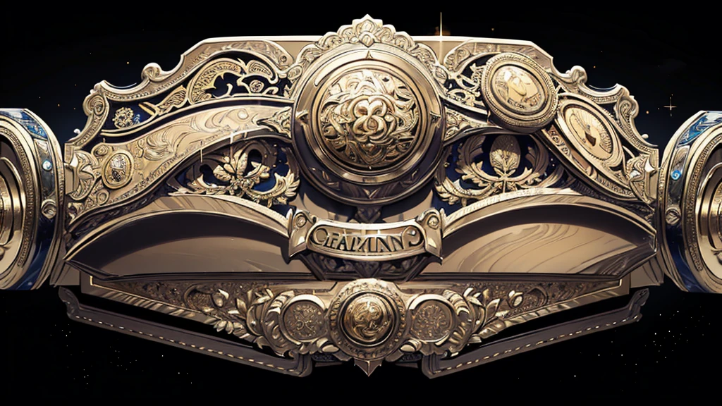 Close-up view of a championship belt with an intricate design, featuring the words "Nap in Peace" in bold, Gothic-style font at the center. The belt is adorned wit? detailed engravings and surrounded by sparkling gemstones, adding a luxurious and elegant touch. The main colors are gold and black, enhancing the sense of wealth and gravity. The belt's design includes ornate patterns and decorations that give it a majestic and prestigious appearance. The overall atmosphere conveys luxury, elegance, and importance, emphasizing the significance of rest and peace.