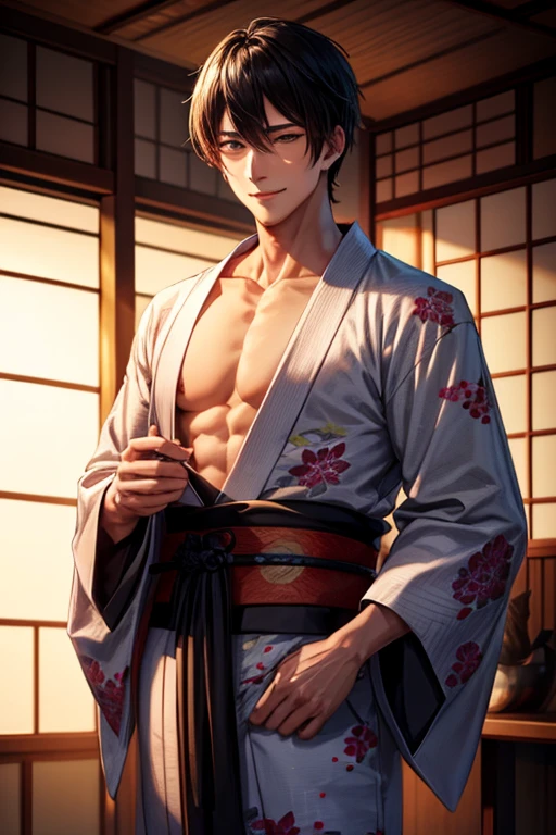 1 half-naked samurai, Male 30 years old, Sitting in a Japanese house, on the tatami, drinks sake, (appearance: swarthy dark-haired, Brown attentive eyes, without a beard, beatiful face), Masterpiece, ultradetail, hyper realisitc, Against the backdrop of an open Japanese door