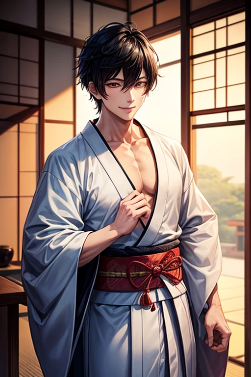 masterpiece, best quality, solo, adult, tall muscular, handsome, finely detailed eyes and detailed face, intricate details, upper body:1.2, cherry blossoms, japanese clothes, extravagant kimono, black hair, yellow eyes, kitsune, black fox ears (animal_ear_fluff), (looking_at_viewer), animal_ears, (hair_ornament) attached to ears, adult, mature, aged up, tall muscular guy, broad shoulders, handsome, exposed chest, loose clothes, japanese shrine background, dappled sunlight, day, plants, summer, depth of field, extremely detailed face, fantasy, mythology, magical forest, abs