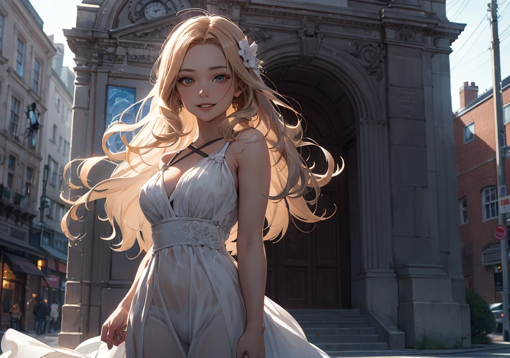 Realistic photos, Focus distance 10mm, Red and white, A big smile, Curly blonde hair, Beautiful girl, Realistic photos, Focus distance 10mmで撮影, masterpiece, 最high quality, high quality, Very detailed CG 8k wallpaper unit, Award-winning photography, Bokeh, Depth of written boundary, High resolution, bloom, chromatic aberration, Realistic, Very detailed, Art Station Trends, CGsociety Trends, Complex, High detail, dramatic, Art on the go, volumetric lighting, In front of the old clock tower、A beautiful girl with a mysterious smile。She wears an elegant dress and、Beautiful long hair blowing in the wind