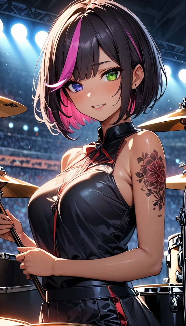 (highest quality:1.2, Very detailed, up to date, Vibrant, Ultra-high resolution, High Contrast, masterpiece:1.2, highest quality, Best aesthetics), Portraiture、girl、slim, , heterrochromia, green eye, red eye, stage、performance、Rock Music、Bright colors、Beautiful fine details、Beautiful lip detail、extra short hair, ((bob cut:1.5))、pink and purple ((streaked hair:1.9)), (highlights hair: 1.6), middium breast, (tan skin:1), Music band、Cheerful pose、Concert Light、Edgy Style、colorful Cheongsam, (no sleeve:1)、Dynamic Movement、hypnotic sounds、Stadium、amplifier、Loud music、Drams、rock drums set, sitting behind the drums set, holding drum sticks, beating drums, playing drum hard, Passionate performance、Sparkling stage、Concert atmosphere、Music Festival、Full of emotion、Rock star attitude、Resolute expression、Avid Fan、The presence of an attractive stage、 Expressive gestures、Rock star aura、An exciting atmosphere、Sing with all your heart、An unforgettable show, cowboy shot, (Floral Fineline tattoo design on right arm:1)