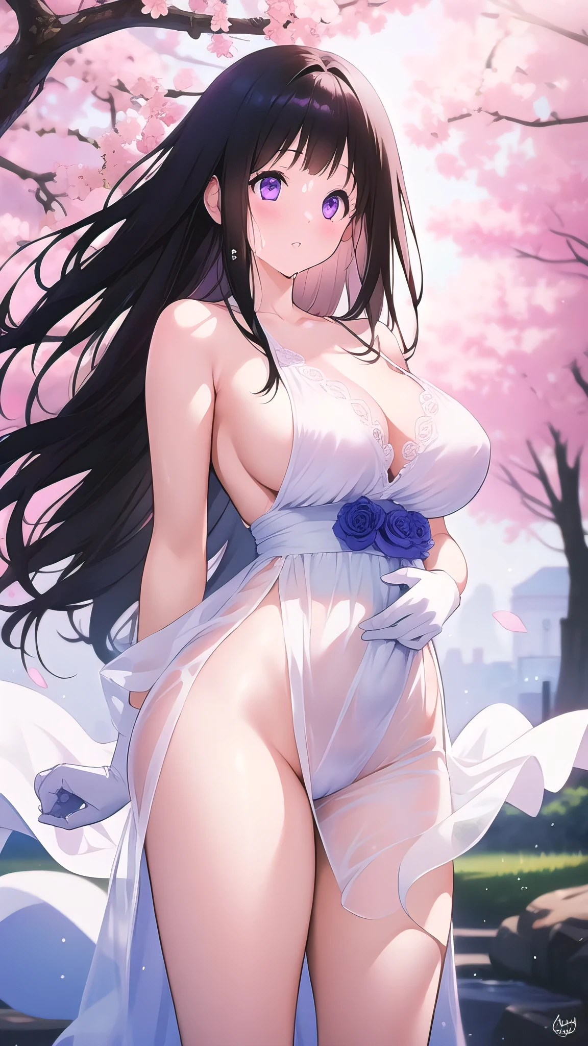 Amazing Chitanda, There is only one beautiful girl,Purple Eyes, Black Hair, Very red face,Very white skin,Glowing skin,Skin as delicate as porcelain,Naturally straight hair, Straight bangs,Extremely refined,Open lips,Long flowing hair,Beautiful Girl, Like a dream,Slim,Slim waist,soft, (sensuous), (Kawaii), Dream quality,Beautiful big breasts,Sheer loose dress,areola,Completely naked,Lower edge of breast,White gloves,Flower decoration,Deep V neckline,Loose neckline,Wide neckline,In school,The wind blows the hair,Place your hands on your inner thighs,Thighs clamp hands,Wet skin,Sweaty and sweaty,Sweating all over,it is raining,Next to the cherry blossom trees,Back to,Lean over,Hips,Side body,Gluteal groove,Completely naked buttocks,Bare back,Completely naked back,Light transmission,(no pants),nopan,pussy juice,Bare shoulders,There are no shoulder straps,Bare neck,Exposed collarbone,Exposing breasts,Exposing breasts side,Exposing breasts,Show your waist,Show your buttocks,Show your thighs,Exposing the groin,(No pants),extremely shy,Ultra-high resolution, (masterpiece:1.2, best quality), (Delicate and beautiful eyes: 1.2), (Beautiful and delicate face)