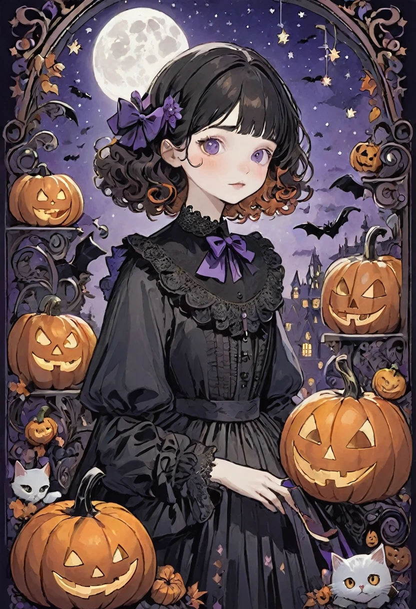 Halloween-themed illustration, young girl with curly orange, purple, and black hair, large black bow, Victorian lace collar, surrounded by Halloween decorations, intricate floral patterns, black cat, ghosts, pumpkins, candy, night sky with stars, whimsical, detailed line art, fantasy, spooky illustration