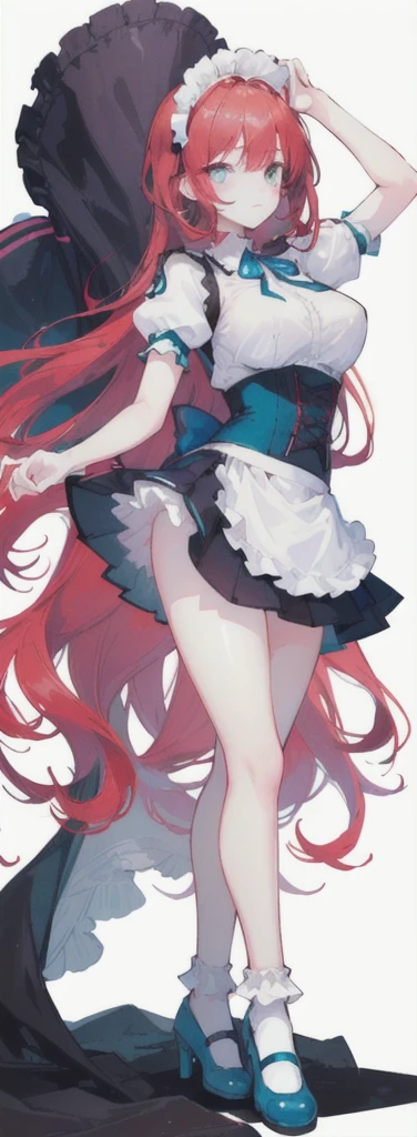 (long beautiful red hair) cyan eyes, (Eyes behind long bangs) big breasts, using accessories (using socks) perfect shiny beautiful cyan shoes (Wearing luxurious palace maid clothes Perfect perfect noble) Pose facing sideways (Girl1, straight hair not too long, bangs covering one eye, soft face, gentle smile) ((Standing position with long legs, bare thighs, image position visible from bottom of feet to top of head) long red hair, beautiful cyan eyes (Free pose, right hand down, left hand down, ((Free pose))smile kawai, (blank white background) Wearing a blue corset, (Using a beautiful bright blue ribbon) Kawai shy cute eyes (cyan colored shoes must be shiny, Must wear short white socks) ((short skirt)) short sleeves (image according to tag)
