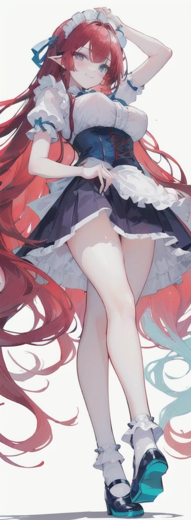 (long beautiful red hair) cyan eyes, (Eyes behind long bangs) big breasts, using accessories (using socks) perfect shiny beautiful cyan shoes (Wearing luxurious palace maid clothes Perfect perfect noble)  Pose facing sideways (Girl1, straight hair not too long, bangs covering one eye, soft face, gentle smile) ((Standing position with long legs, bare thighs, image position visible from bottom of feet to top of head) long red hair, beautiful cyan eyes (Free pose, right hand down, left hand down, ((Free pose))smile kawai, (blank white background) Wearing a blue corset, (Using a beautiful bright blue ribbon) Kawai shy cute eyes (cyan colored shoes must be shiny, Must wear short white socks) ((short skirt)) short sleeves (image according to tag) 