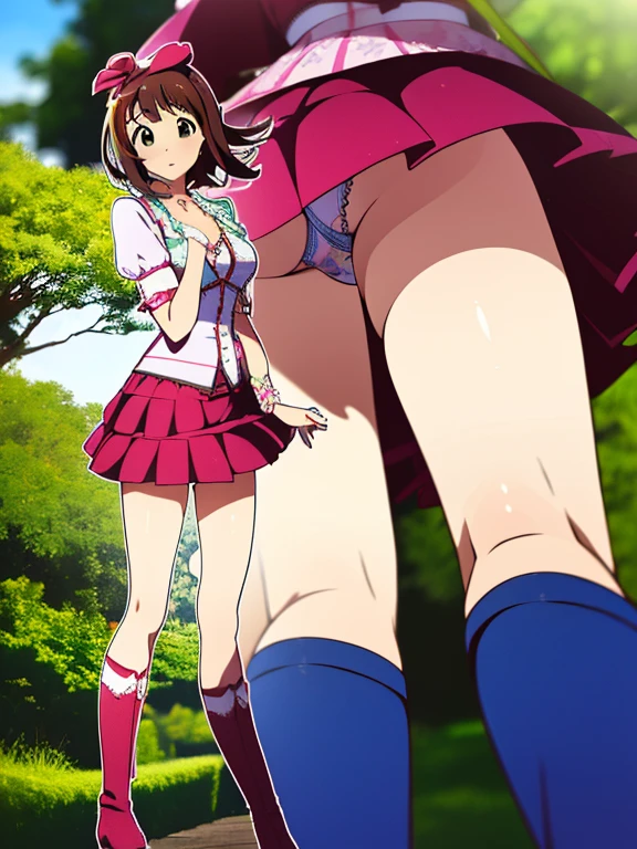 ((1 Girl))Happy,Outdoor.garden、From a low angle、from the front((Multiple Views))Best image quality,High brightness,Lace panties,mini skirt,Official Anime,idolmaster.Amami Haruka.Idol Costume、Knee-high boots