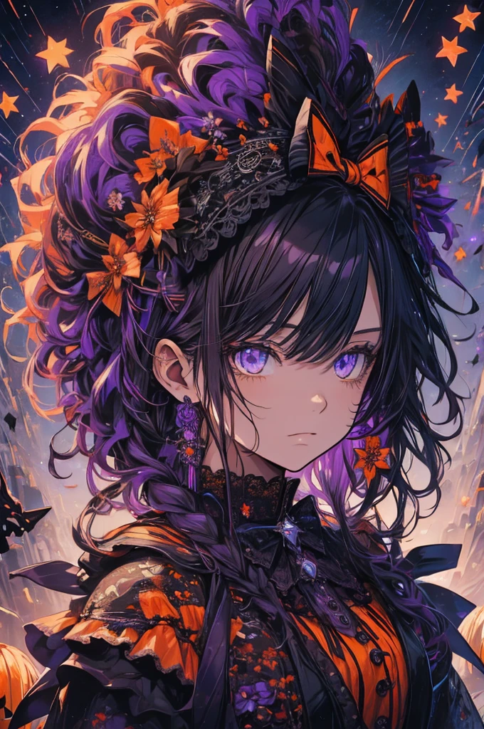 RAW Photos, Realistic, Ultra-realistic, Halloween-themed illustration, young girl with curly orange, purple, and black hair, large black bow, Victorian lace collar, surrounded by Halloween decorations, intricate floral patterns, black cat, ghosts, pumpkins, candy, night sky with stars, whimsical, detailed line art, fantasy, spooky illustration, art illustration, Highest quality, masterpiece, Ultra-high resolution, 8K