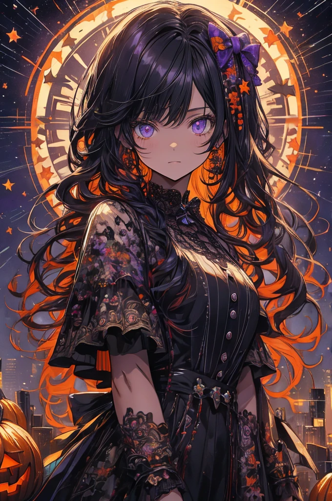 RAW Photos, Realistic, Ultra-realistic, Halloween-themed illustration, young girl with curly orange, purple, and black hair, large black bow, Victorian lace collar, surrounded by Halloween decorations, intricate floral patterns, black cat, ghosts, pumpkins, candy, night sky with stars, whimsical, detailed line art, fantasy, spooky illustration, art illustration, Highest quality, masterpiece, Ultra-high resolution, 8K