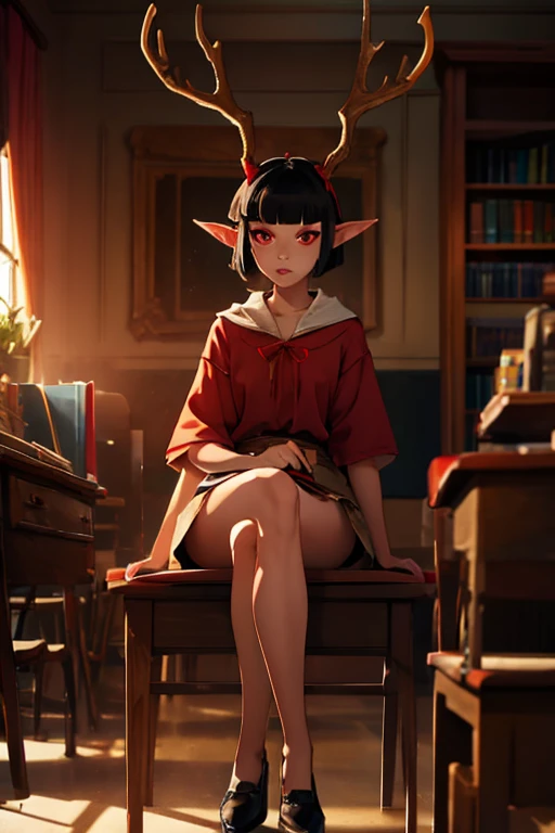 Girl with long pointed ears, short black hair, duendecillo haircut, Red eyes, antlers on the head, dressed in a sitting while bored at school