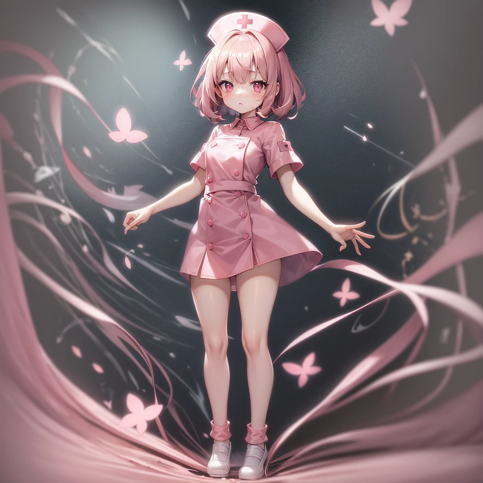 ((nurse)),((Pale pink clothes)),White Button,mini skirt,Cute little ,Tiny ,Small girl,,Childish face, Very fine clean face,Top quality,Black Hair,(Dark Room), Subtle light, Natural light,Soft lighting,Light from directly behind, (Are standing),With bust up,Front view,Black background