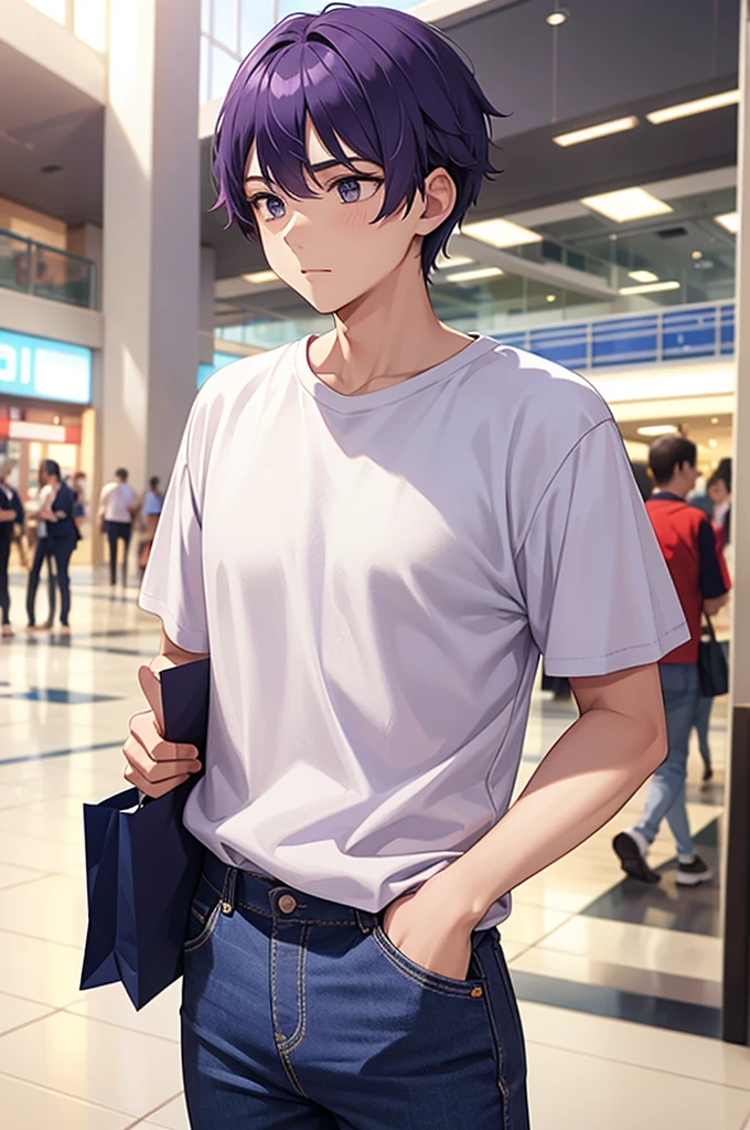 A purple-haired school boy in a white t-shirt and blue pants in a shopping centre