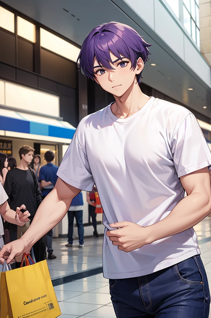 A purple-haired school boy in a white t-shirt and blue pants in a shopping centre