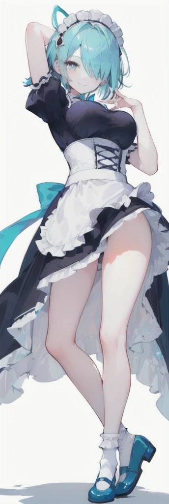 (short hair) cyan eyes, (Eyes behind long bangs) big breasts, using accessories (using socks) perfect shiny beautiful cyan shoes (Wearing luxurious palace maid clothes Perfect perfect noble) Pose facing sideways (Girl1, straight hair not too long, bangs covering one eye, soft face, gentle smile) ((Standing position with long legs, bare thighs, image position visible from bottom of feet to top of head) SHORT blue hair, beautiful cyan eyes (Free pose, right hand down, left hand down, ((Free pose))smile kawai, (blank white background) Wearing a blue corset, (Using a beautiful bright blue ribbon) Kawai shy cute eyes (cyan colored shoes must be shiny, Must wear short white socks) ((short skirt)) short sleeves (image according to tag)