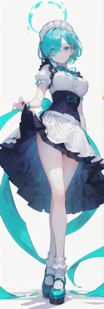 (short hair) cyan eyes, (Eyes behind long bangs) big breasts, using accessories (using socks) perfect shiny beautiful cyan shoes (Wearing luxurious palace maid clothes Perfect perfect noble)  Pose facing sideways (Girl1, straight hair not too long, bangs covering one eye, soft face, gentle smile) ((Standing position with long legs, bare thighs, image position visible from bottom of feet to top of head) SHORT blue hair, beautiful cyan eyes (Free pose, right hand down, left hand down, ((Free pose))smile kawai, (blank white background) Wearing a blue corset, (Using a beautiful bright blue ribbon) Kawai shy cute eyes (cyan colored shoes must be shiny, Must wear short white socks) ((short skirt)) short sleeves (image according to tag) 