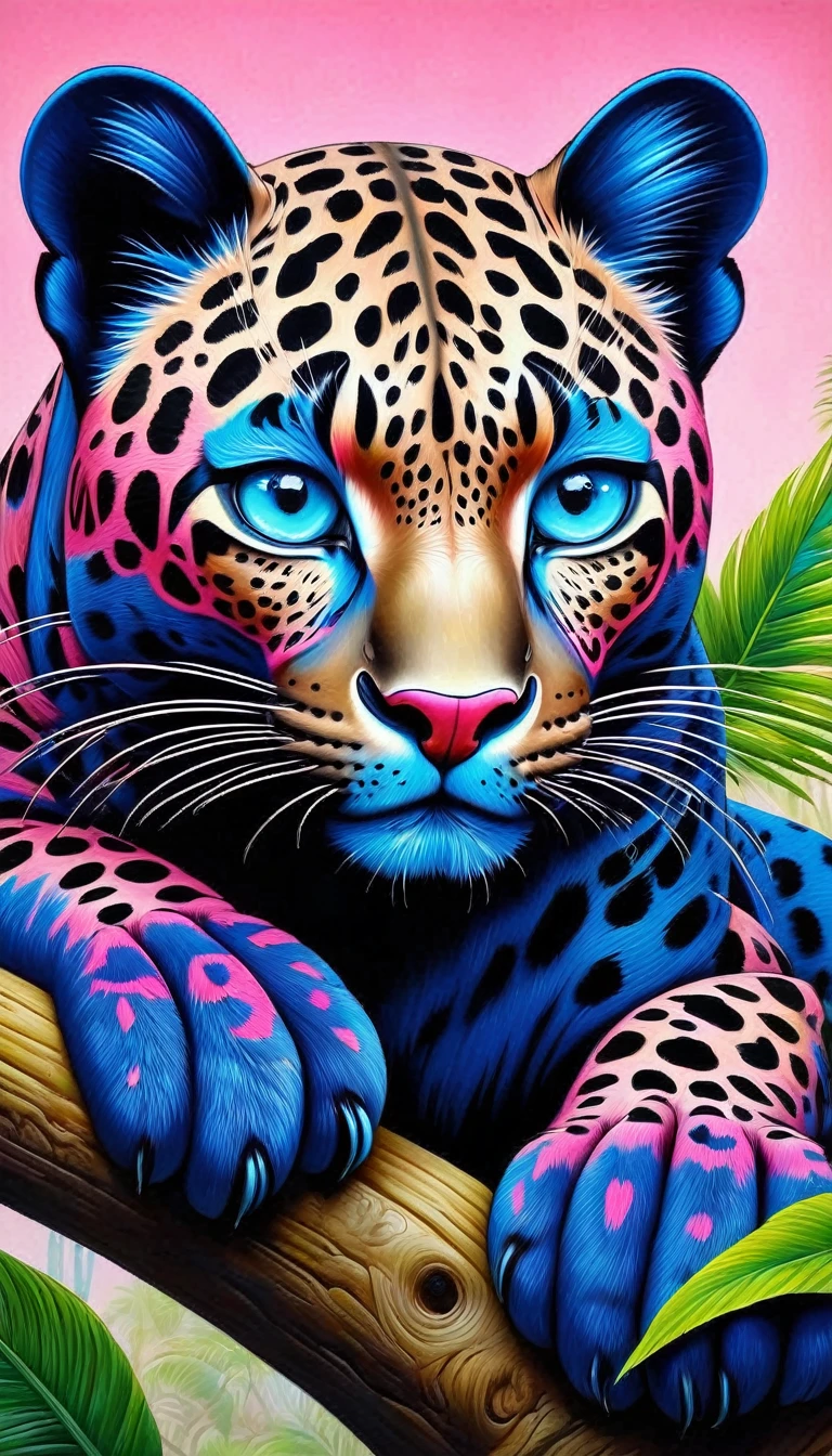 Vector Art, Colorful illustration with leopard print, In the center, Vibrant colors，Paint splatters and stains，Hawaii Background
