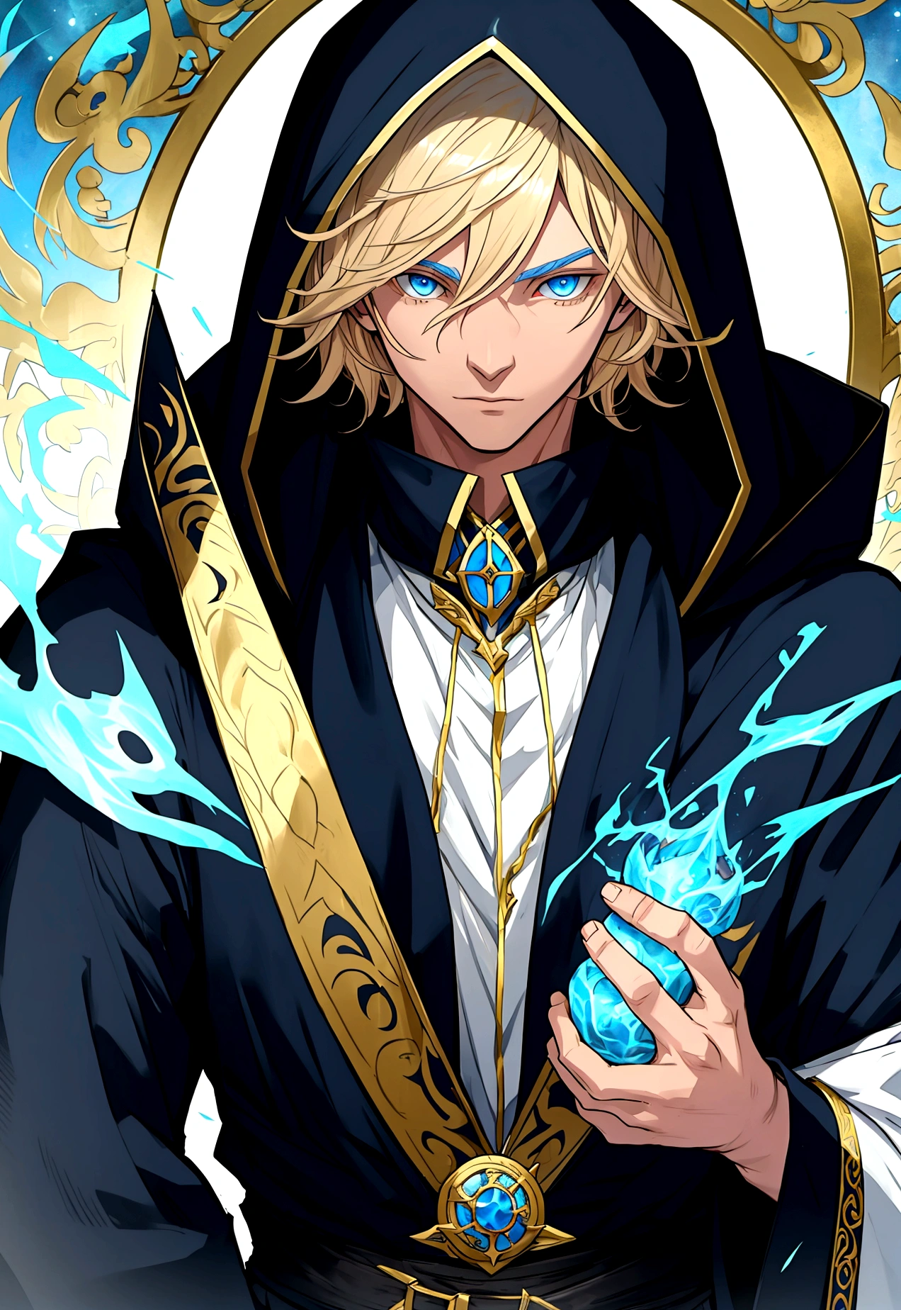 Sorcerer Divine Soul man, he has a light hair and blue eyes, he wear a hood.
