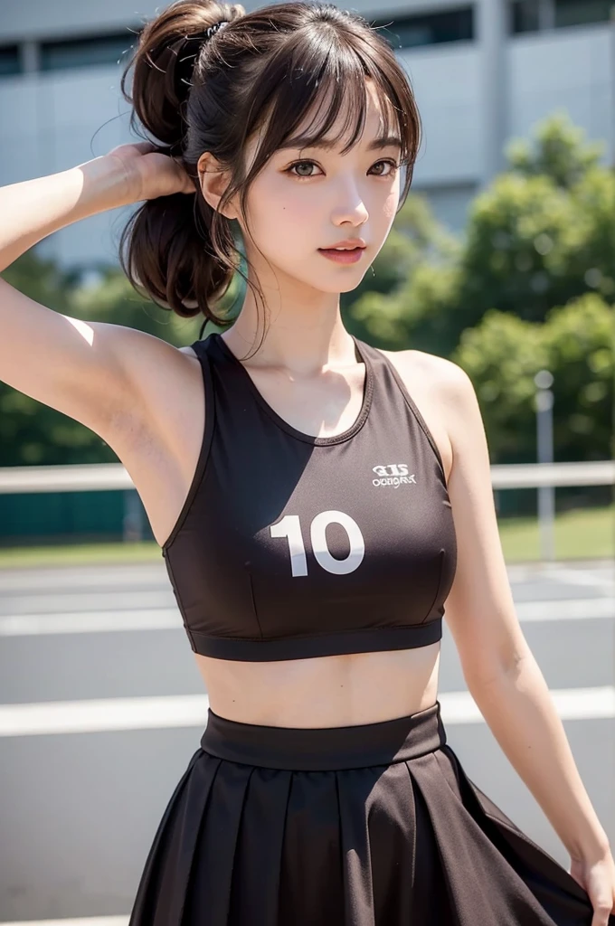(8K, Best Quality, Masterpiece: 1,2), (Realistic, Photorealistic: 1,37), Best Quality, Masterpiece, Beautiful Girl, Smile, Hair tied with slight bangs, Realistic, SFW, Beautiful Japan Girl, ((Best Quality, 8K, Masterpiece: 1.3)), Sharp Focus: 1.2, Beautiful Women with Perfect Style: 1.4, Slender Abs: 1.2, ((Dark Brown Hair, Big: 1.2)), (Natural Light, Stadium: 1.1), Highly Detailed Face and Skin Texture, Detailed Eyes, Double Eyelids, Black Hair, Soft Middle Hair, Colorful Volleyball Costume, Flared Skirt, Full Body, Small Face, Sexy