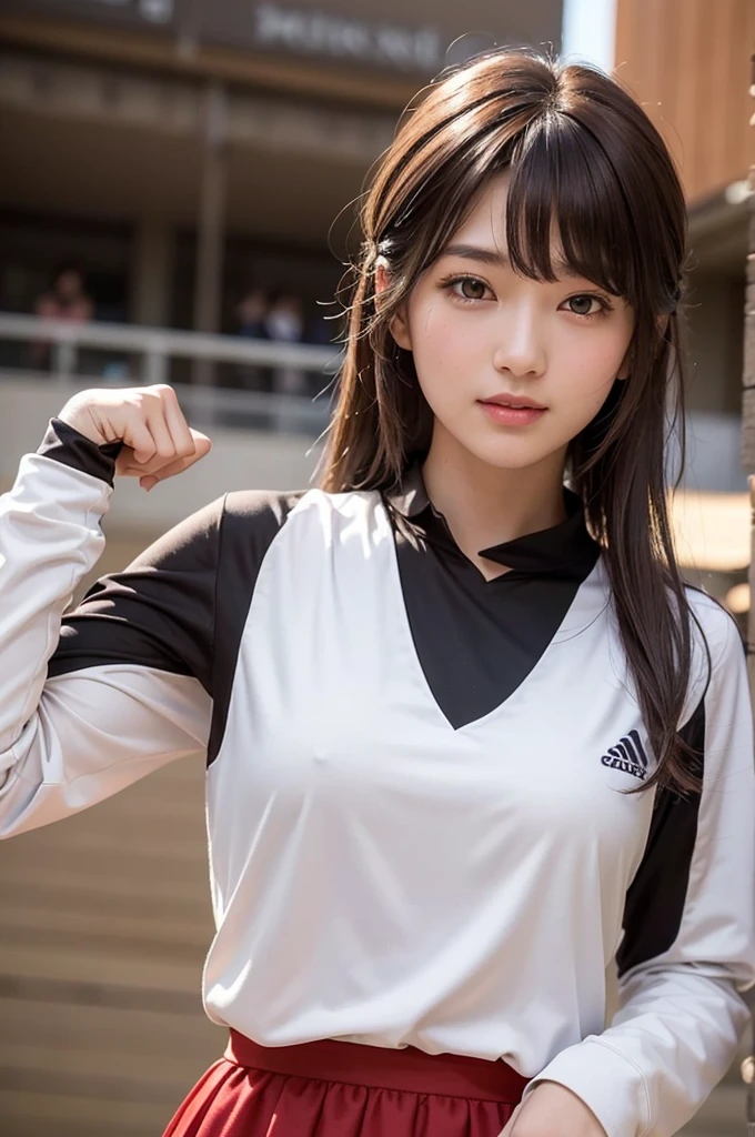 (8K, Best Quality, Masterpiece: 1,2), (Realistic, Photorealistic: 1,37), Best Quality, Masterpiece, Beautiful Girl, Smile, Hair tied with slight bangs, Realistic, SFW, Beautiful Japan Girl, ((Best Quality, 8K, Masterpiece: 1.3)), Sharp Focus: 1.2, Beautiful Women with Perfect Style: 1.4, Slender Abs: 1.2, ((Dark Brown Hair, Big: 1.2)), (Natural Light, Stadium: 1.1), Highly Detailed Face and Skin Texture, Detailed Eyes, Double Eyelids, Black Hair, Soft Middle Hair, Colorful Volleyball Costume, Flared Skirt, Full Body, Small Face, Sexy