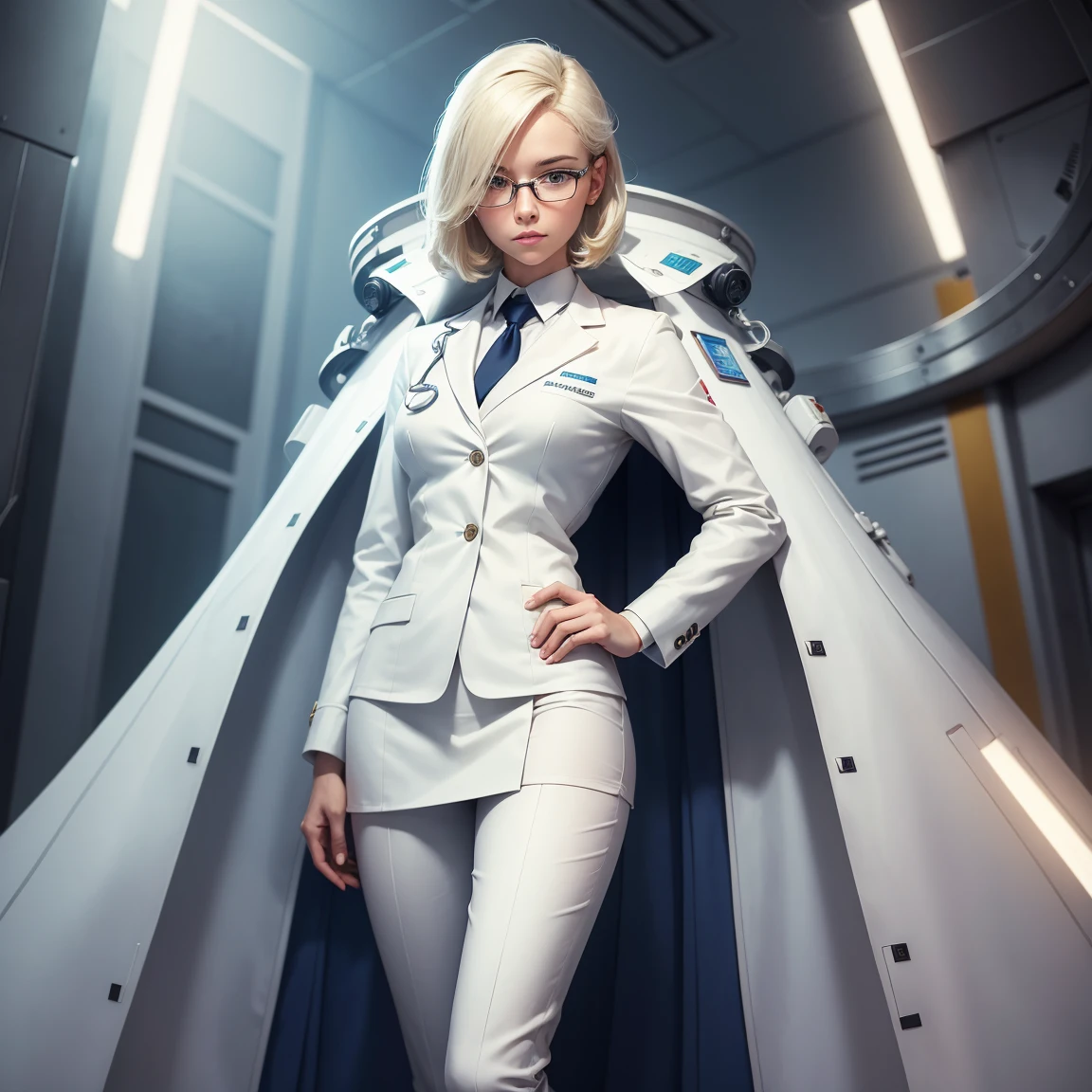 full body shot  of young beautiful female scientist, (white doctor suit), (glasses: 0.9), (name badge: 0.8), fancy haircut, blond hair, sexy, (curious look), (calm pose), 