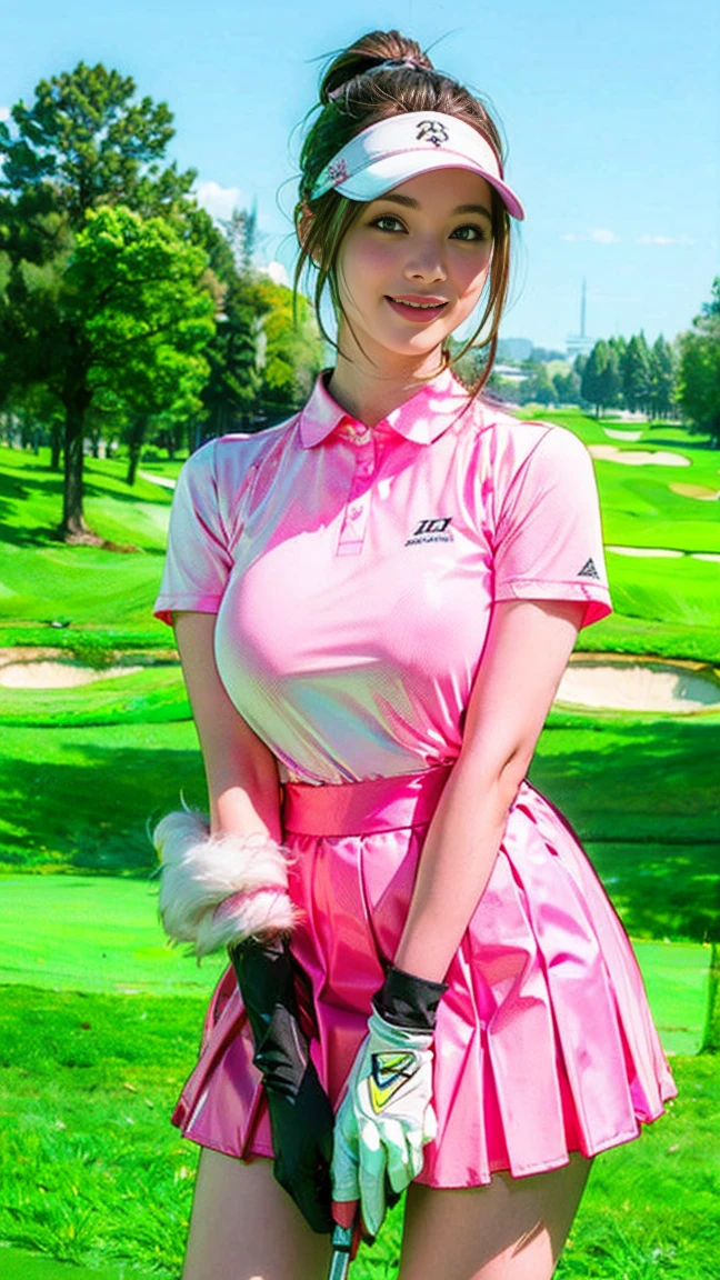 Very detailed CG Unity 8k 壁紙, Highest quality, Very detailed, Tabletop, Realistic, Like the picture, Very detailed美しい女性, tifa lockhart,25-year-old woman,Slim body,(Light pink tight golf wear) , (White Golf Miniskirt) , (Wearing golf gloves)、Wear a sun visor, Light brown hair、Ponytail Hair、 ((bangs)),Round eyes, Big eyes、((The shape of the nipple is visible from the top of the clothes))、Realistic female hands, blush, smile, Part your lips, Full body shot, ((Golf wear that fits your body))、Golf course、Stand upright、
