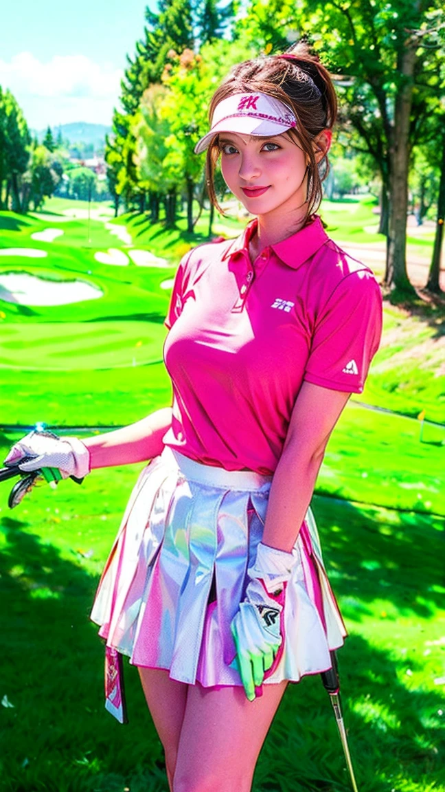 Very detailed CG Unity 8k 壁紙, Highest quality, Very detailed, Tabletop, Realistic, Like the picture, Very detailed美しい女性, tifa lockhart,25-year-old woman,Slim body,(Light pink tight golf wear) , (White Golf Miniskirt) , (Wearing golf gloves)、Wear a sun visor, Light brown hair、Ponytail Hair、 ((bangs)),Round eyes,  Big eyes、((The shape of the  is visible from the top of the clothes))、Realistic female hands,  blush, smile, Part your lips, Full body shot, ((Golf wear that fits your body))、Golf course、Stand upright、