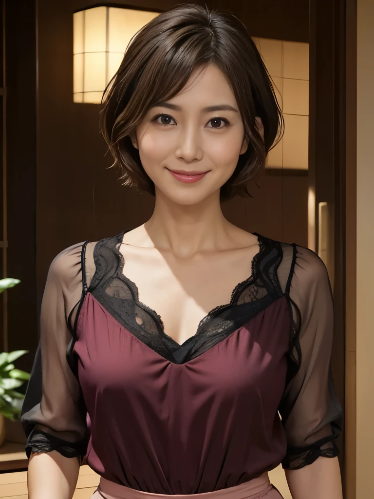 8K, Highest quality, masterpiece, Realistic, Realistic, Very detailed, Natural light, 1 Japanese female, 40 years old, Slightly brown-haired, short hair,  Pink Sexy Lingerie, I can see her small breasts, A refreshing smile, Friendly smile, Happy emotion smiley faces, Very detailedな顔と肌, Very detailedな目, Very detailedな顔と肌, Very detailedな笑顔,