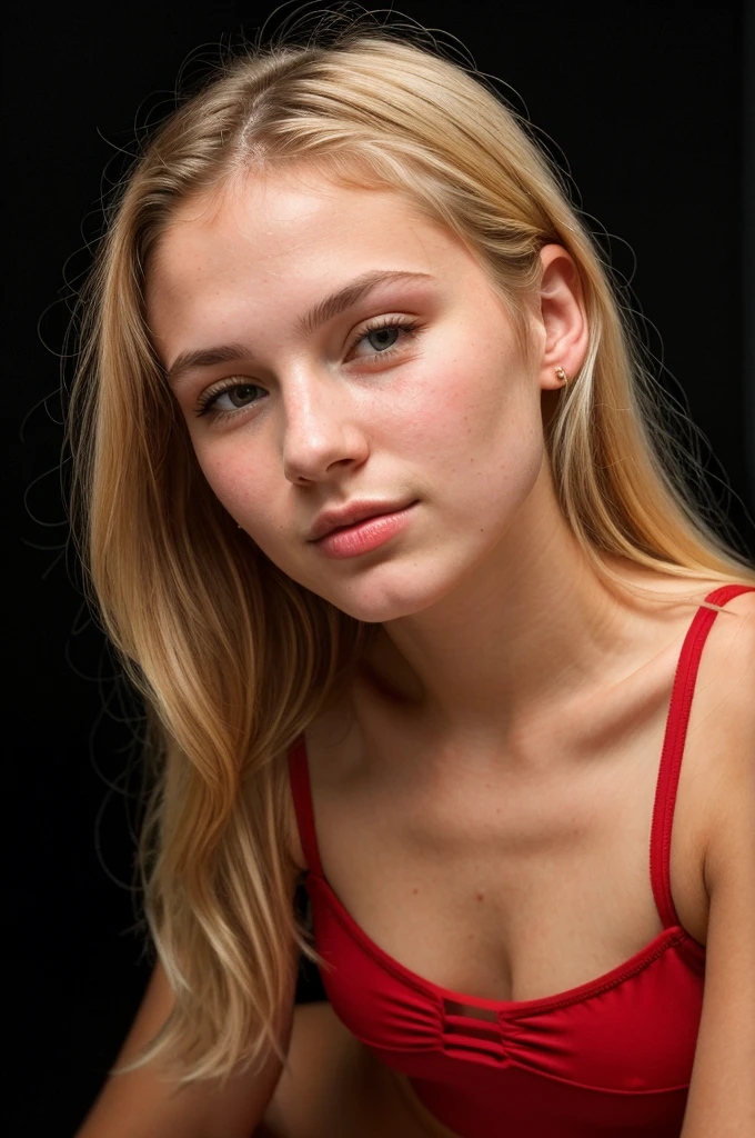 Frontal photo of an 18-year-old European woman, Point to the camera, blond hair, demure, (Amazing skin details: 1.4), (natural skin: 1.2), (pores: 0.6), the picture, (detailled eyes: 1.2), black backdrop, studio, bright border, dark atmosphere, (bokeh: 1.2), fotografia, filmic, photorealestic, Ultrarealistic, Matching girl, skintight dress, perfect figure, perfect anatomy, straight posture, whole body picture, red little with lots of neckline,