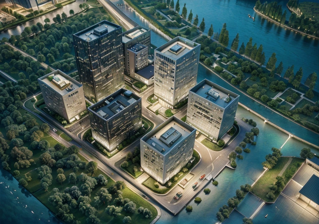 Skyscraper office building with green trees at night, High-tech environment, clear focus illustration hq, Highly detailed building structures, The above points, skyscraper forest community, City, There is a river in the distance, City建筑亮化, High field of view, High-rise buildings,masterpiece,High Detail,HD resolution,8K,