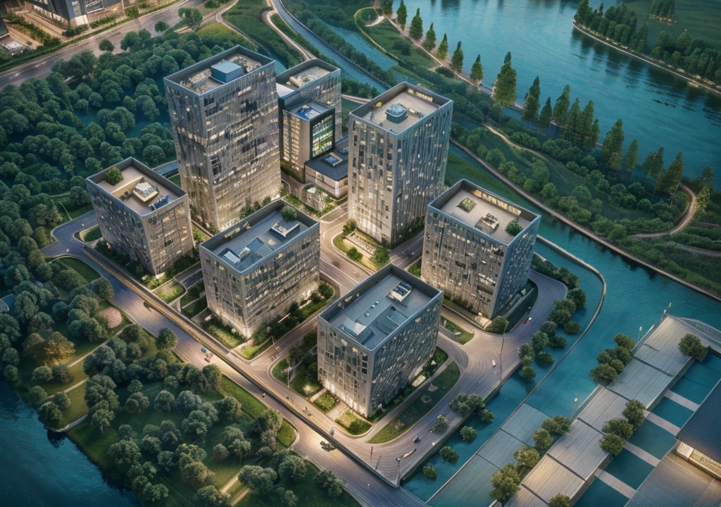 Skyscraper office building with green trees at night, High-tech environment, clear focus illustration hq, Highly detailed building structures, The above points, skyscraper forest community, City, There is a river in the distance, City建筑亮化, High field of view, High-rise buildings，masterpiece，High Detail，HD resolution，8K，