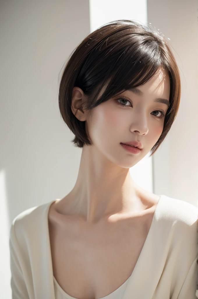 realistic light,natural light,white background,최고 quality、8 thousand、32,000、masterpiece、uhd:1.2) quality, primitive photorealism, Urban, Feminine, hair portfolio, laugh, Beautiful girl, cute, Short hair, depth of field, high resolution, ultra detail, Highly detailed eyes and face,small eyes,Short hair,short cut,short hair,Ivory Jacket, bob cut, Short hair perm, Short hair perm