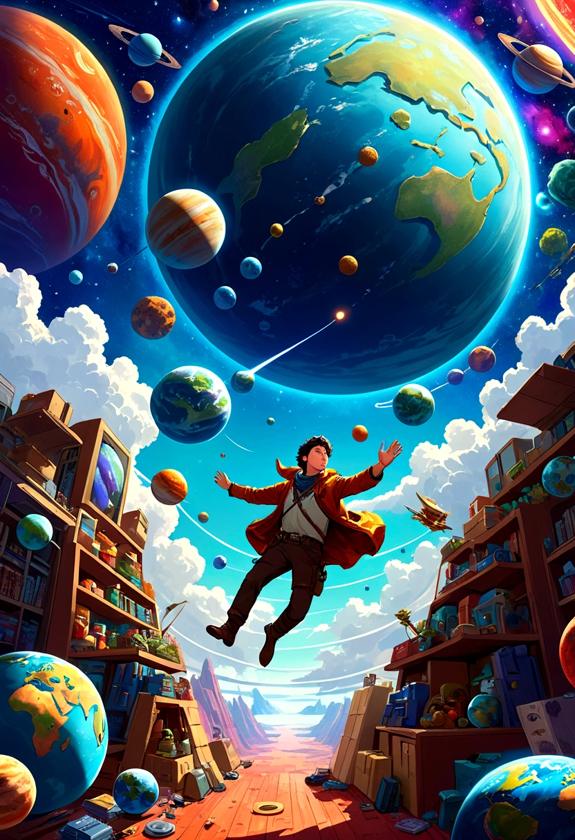 A man flies through the sky,Surrounded by a planet,A variety of goods surround it. illustration。