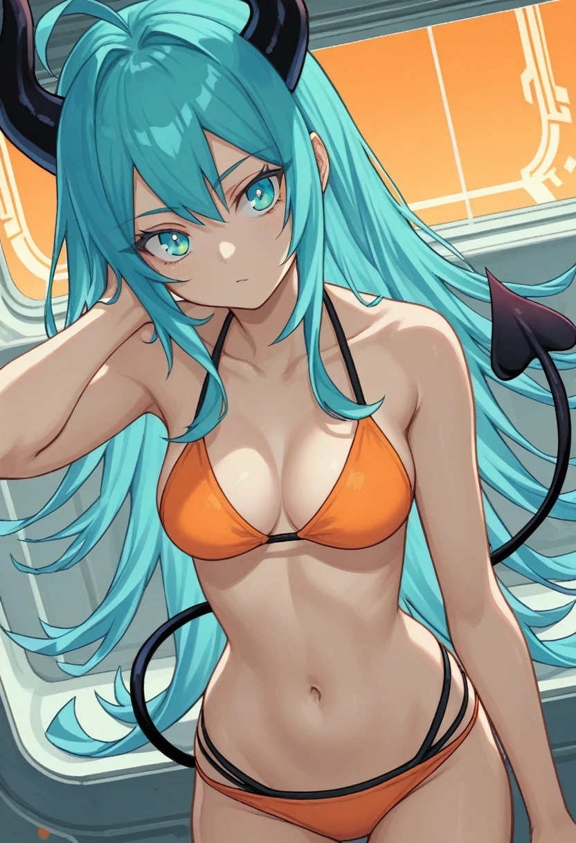 score_9, score_8_up, score_7_up,1 daemon woman, black  horns, black demon tail, (aquamarine hair),aquamarine green color hair,ahoge, long hair, (long hair),bangs, light orange bikini, bikini is orange, bikini orange, orange bikini!, (aquamarine eyes), background is spaceship, aquamarine eyes, 1woman ,facing viewer, daemon girl,  close up,Well-endowed, alone, Spacecraft interior, sexy pose
